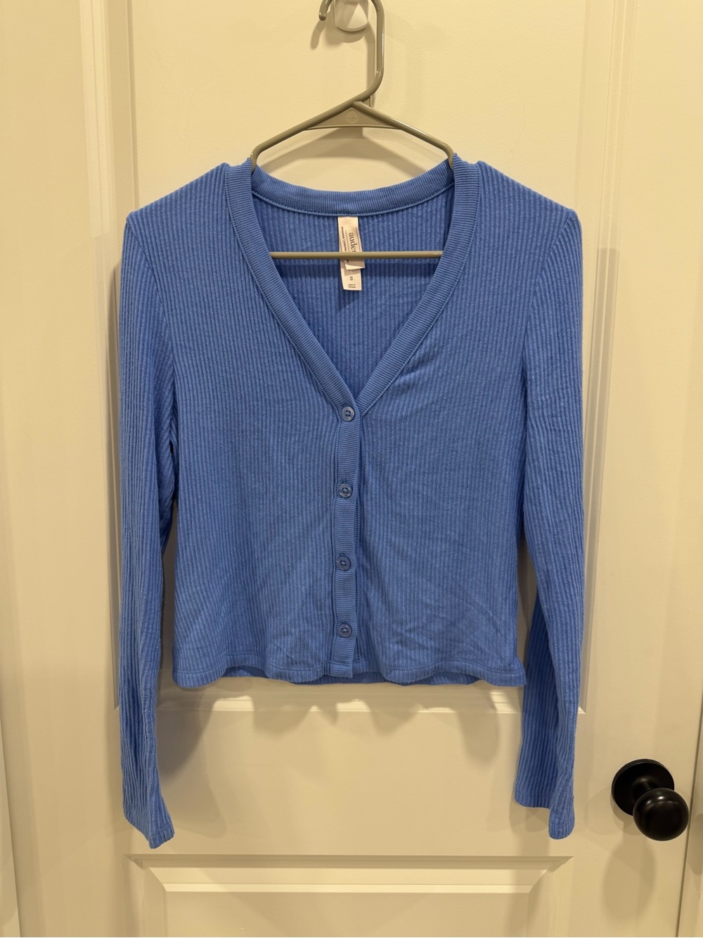 Target Blue Ribbed V-Neck Button-Front Long Sleeve Top